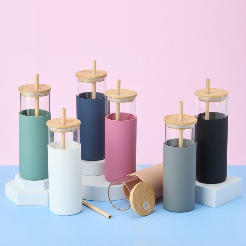 Copo de Vidro 500ml com Tampa de Bambu e Silicone MB1001